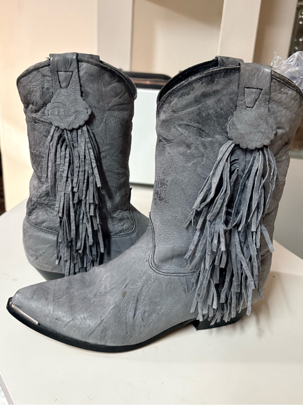 Women's Gray Suede Fringe Moto Boots - Western-Inspired Ankle Boot
